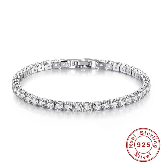 Eterna 925 Sterling Silver Zircon Chain Bracelet – Minimalist 4mm, 17.5 cm